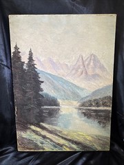 VTG Rustic Mountain Lake Oil Painting Canvas Wall Art Cabin Lodge Decor 20×27”