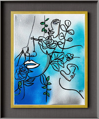 Woman Line Drawing White Lip Original Signed Mixed Media Art Painting 11×14 OOAK