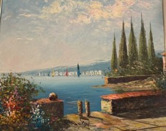 Vintage Mid 20th Century Italian Harbor Scene Gold Framed Oil on Canvas Signed