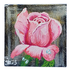 Rosebud Dew Drop Original Acrylic Painting Small Gift for Her Handmade Wall Art