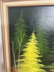 Vintage 1980s Original Art Oil Painting Cabin in Woods Landscape Water Signed
