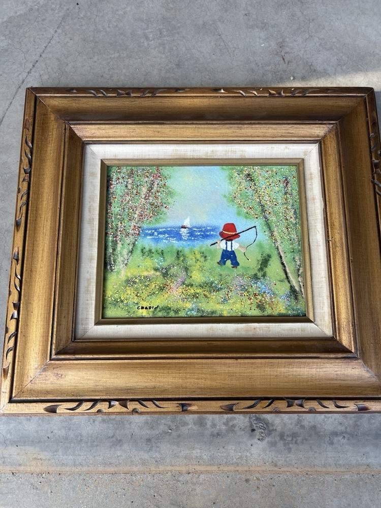 „Gone Fishing“ enamel on copper painting by listed French artist Louis Cardin