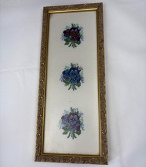 Floral Cross-Stitch Wall Art Gold Ornate Frame Trio of Pansy Flowers 14×6 Framed