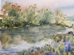 Original Watercolor Painting Landscape Nature Flowers Pond Lake – 5×7 inches