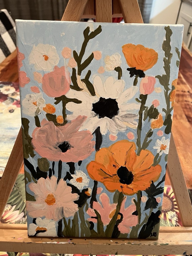 Hand painted by me acrylic on canvas pink daisy field with poppies Painting