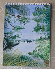 Original Watercolor Marina Sailboats Foliage Stuart Jones Rousseau Like