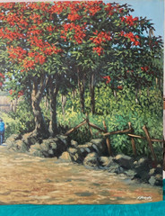 Jorge Romero vintage 80’s painting Campo y Flamboyanes -Puerto Rico Art Latin Am