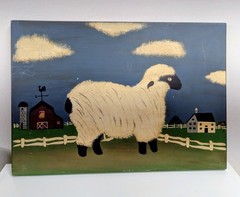 Original Primitive Folk Art Sheep Painting on Wood Board – Hand Painted Vintage
