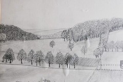 LARGE VINTAGE PENCIL DRAWING ON PAPER SIGNED 1973 RURAL LANDSCAPE FOLK ART