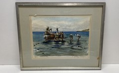Original Watercolor Painting Greece Phaleron Bay Fishing Scene 21×18 Framed