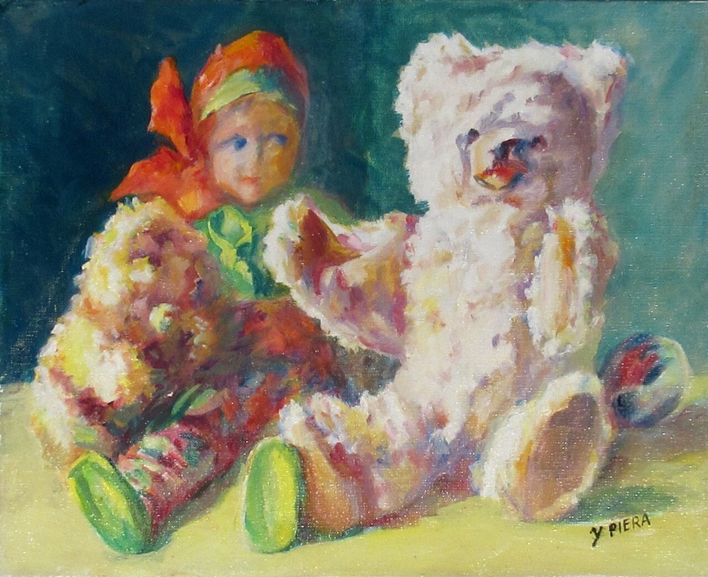Vintage French Oil Painting, Doll and Teddy Bear, Toys, Signed