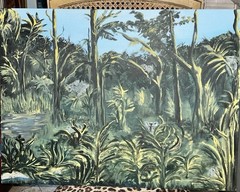 VTG Original Kim Schafer JUNGLE LANDSCAPE ANIMALS 18”T 24”W Canvas OWL DEER Bear