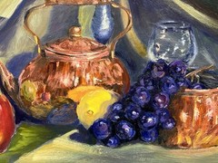 Vintage Oil Painting Still Life – Copper Kettle, Fruit & Glass –Signed – Realism