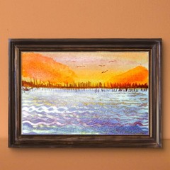 Lakescape At Sunset Original Impressionist Watercolor 5×7 Cotton Artist Signed