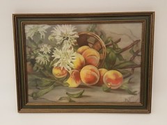 Antique 1908 oil pastel painting peaches flowers framed signed Mary Brower