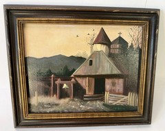 VINTAGE F BERRIER SIGNED OIL PAINTING LANDSCAPE BARN CHURCH BIRDS IN FLIGHT
