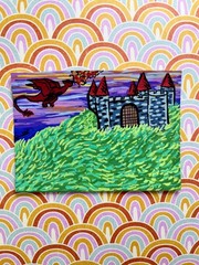 ACEO Original Art dragon castle sunset cottagecore whimsy by Kai Robin Courtney