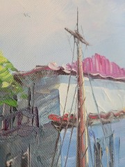 Oil Painting Mediterranean Harbor Scene Signed – Aaron Brothers – Wood Frame