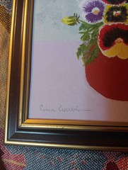 Vintage Painting Folk Art Primitive Pansies Signed Retro Floral Decor Still Life