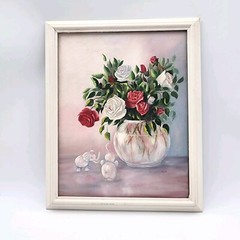 Vintage MCM Oil Painting Roses Floral Still Life Pink Elephants Signed SCP Frame