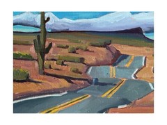 Western Landscape Painting Route 66 Desert Highway Signed 14×18 Large Cactus