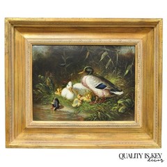 Vintage Traditional Oil on Canvas Wood Frame „Duck Family“ Art Signed Borofsky