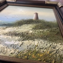 VTG Coastal Lighthouse Textured Beach Scene Oil Painting Wood Brass Frame Newton