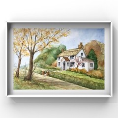 Original new watercolor painting ”Autumn in countryside” $65 Home decor Art