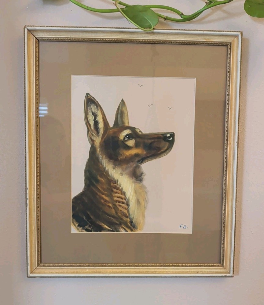 VTG Hand Painted German Shepherd Dog Portrait on Gold Silk Matted~Framed~Signed
