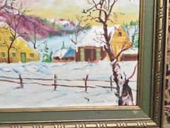 Vintage 1965 Primitive Grandma Moses Style winter oil painting by L Doucette