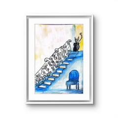 Black Cat Stairs Contemporary Expressionist Original Watercolor 9×12 Painting