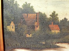 19th Century ‚1887‘ Oil on Canvas By B.W. MANN Landscape Cottages On River Scene