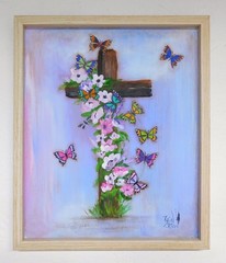 Floral Cross Painting Butterflies Framed Christ Original Art by Rain Crow
