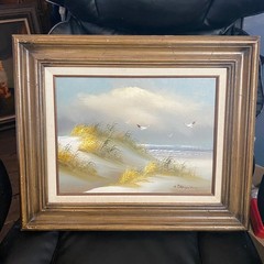 Beach Seascape Oil Painting Ocean Waves Seagulls Framed Signed 22×20