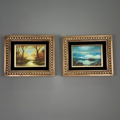 Vintage Pair Signed Oil Paintings Seascape Autumn Landscape Velvet Wolsey Frames