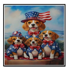 Beagle Mom and Pups in Patriotic Outfits Rustic July 4th Artwork