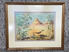 Vintage Watercolor Painting Road Runner Southwest Desert Cactus Landscape S Witt