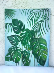 Original Acrylic Painting 8 x 10 Canvas Panel Monstera Leaves Palm Tropical Art