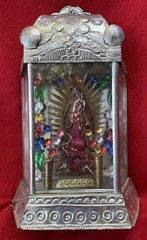 Mexican Folk Art Fabulous Virgin Of Guadalupe Tin & Glass Shrine From Oaxaca