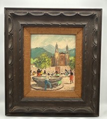 Tepoztlán Mexico mid-century painting on board Plaza scene signed M Waters Frame