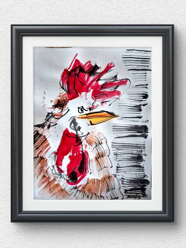 Hand Painted Comic Rooster Wall Art Room Decor 11 x 14 Acrylic on Paper P047
