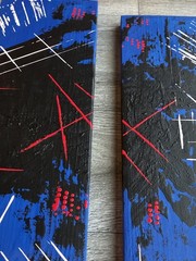 abstract painting, abstract art, red, blue, black, white, scrap wood, acrylic