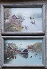 TWO VINTAGE ORIGINAL OIL PAINTINGS, SIGNED SAK, 7 1/8″×10 1/8″ FISHING SCENE