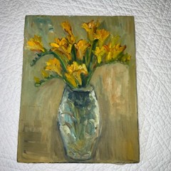 VINTAGE 40s yellow floral flower original hand painted oil PAINTING crocus vase