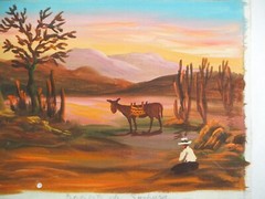 Vintage Hand Painted Peruvian Painting of a Landscape w Mountains, Cacti, Donkey