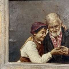 Antique Oil Painting Old Man & Boy Genre Pipe Scene Signed D Triouelli Framed