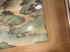Asian Landscape Painting on Silk with Gold Wooden Frame Vintage