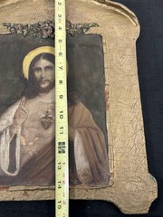 Antique Sacred Heart of Jesus Painting on Paper/Canvas Laid on Wood Gilt Frame