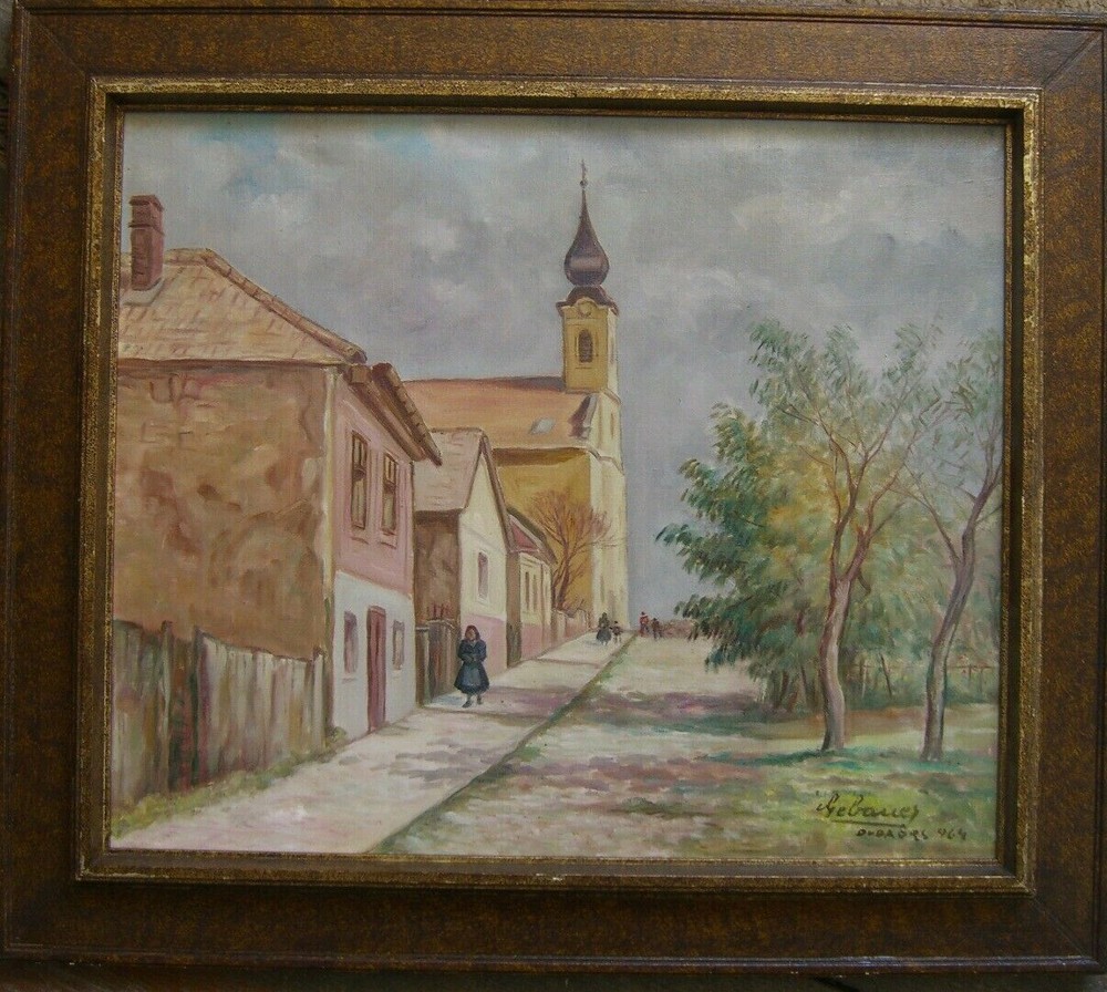 Gebauer Street Scene Church Nuns Thunder Trees Village Houses Antique Signed