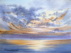 BIRD SEAGULL CLOUDS SKY Original Artwork Painting Landscape Wall Art Seascape A4